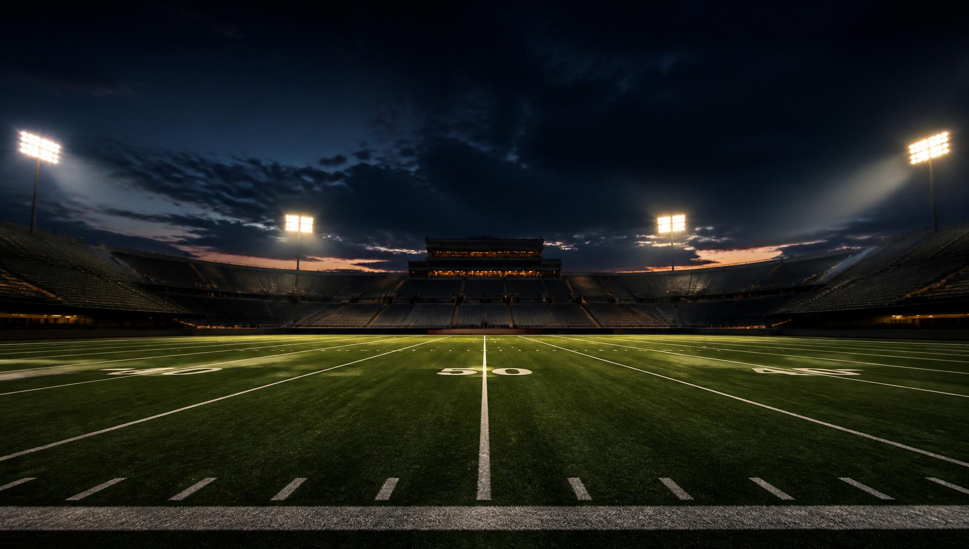 Empty football stadium at dusk with yard lines lit by stadium lights